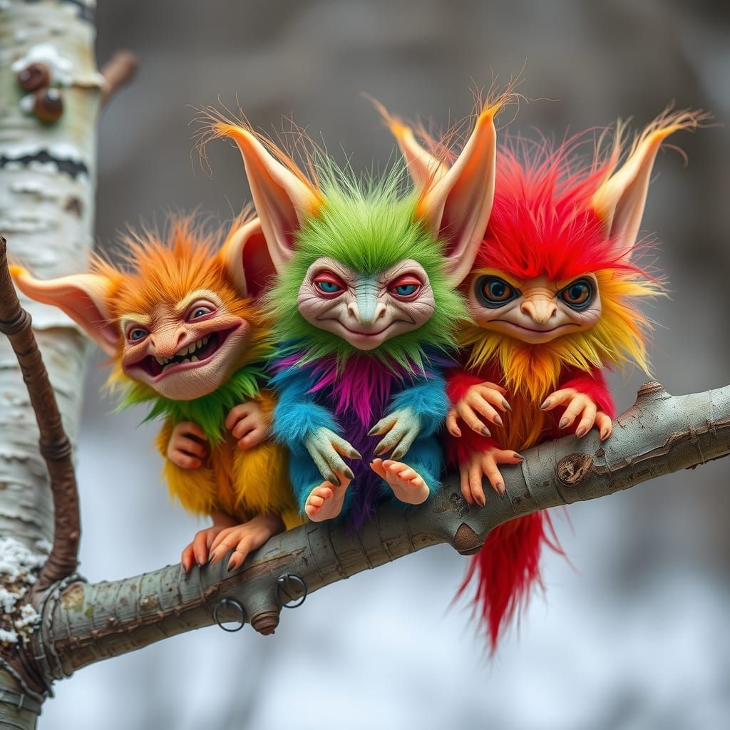 Colorful Gremlins on a Birch Branch