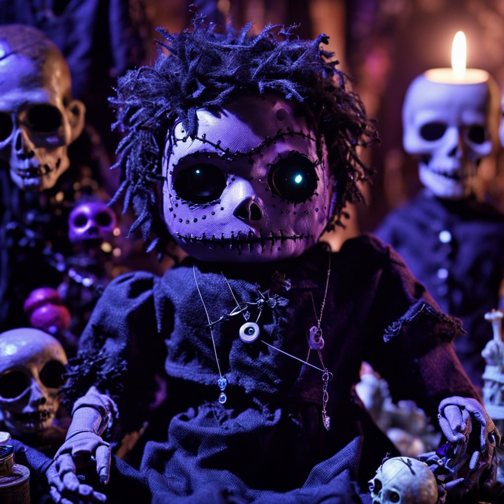 Eerie Voodoo Doll in Dark Whimsy Art Style