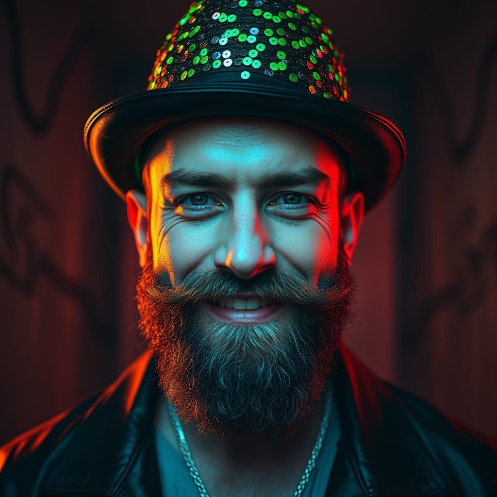 Man in Fluorescent Sequin Hat, Egon Schiele Style