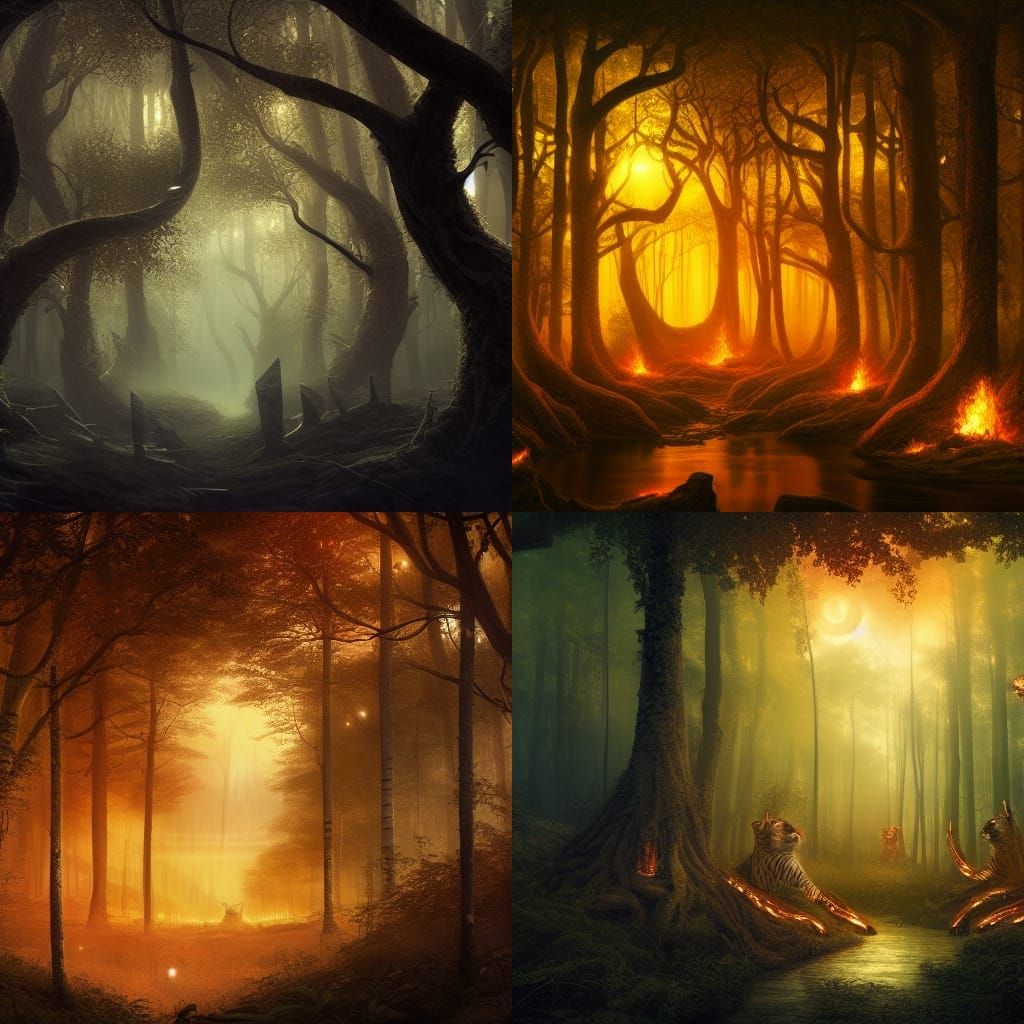 Fantastical Tiger in Forest at Night: Detailed Matte Paintin...