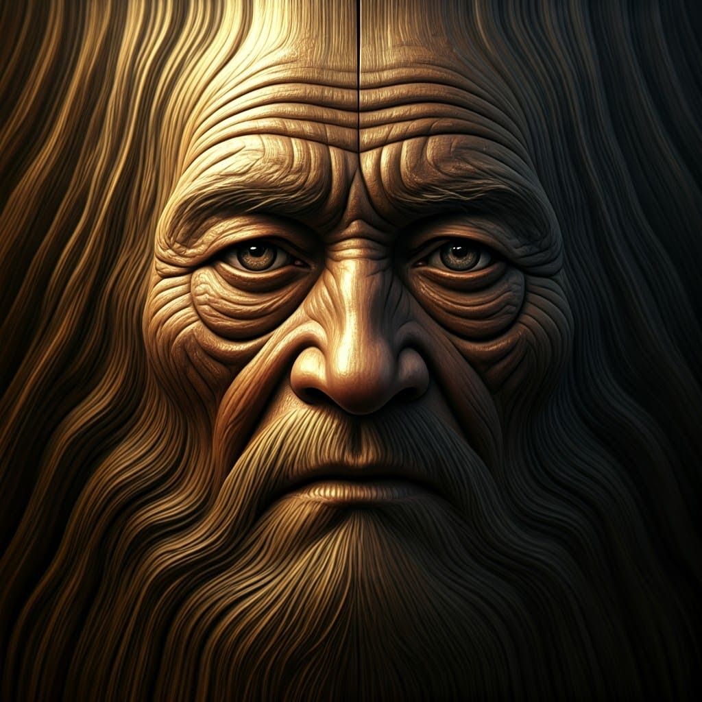 Ancient Wooden Plank Portrays a Wise, Aged Face in Hyperreal...
