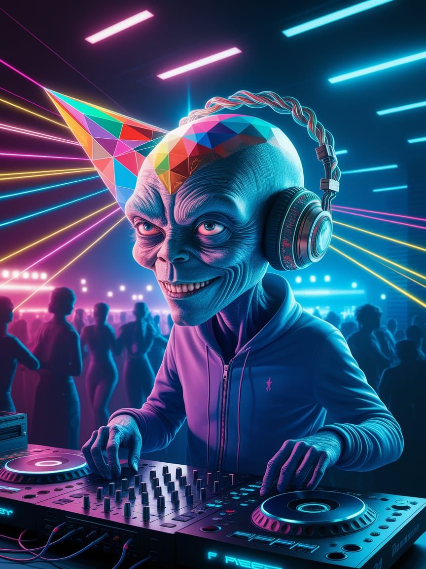 Alien DJ Prism Head in Burtonesque Sci-Fi Nightclub