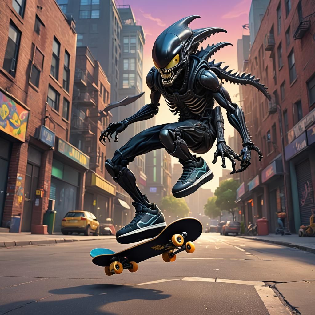 Xenomorph Skateboarder Does a Kickflip: 3D Digital Art