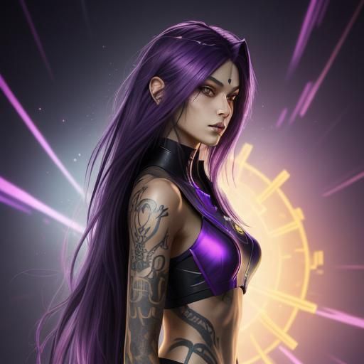 Young girl, skinny, mystical essence, tattoo glowing with purple glow, long purple hair, sharp thin facial features, bea...