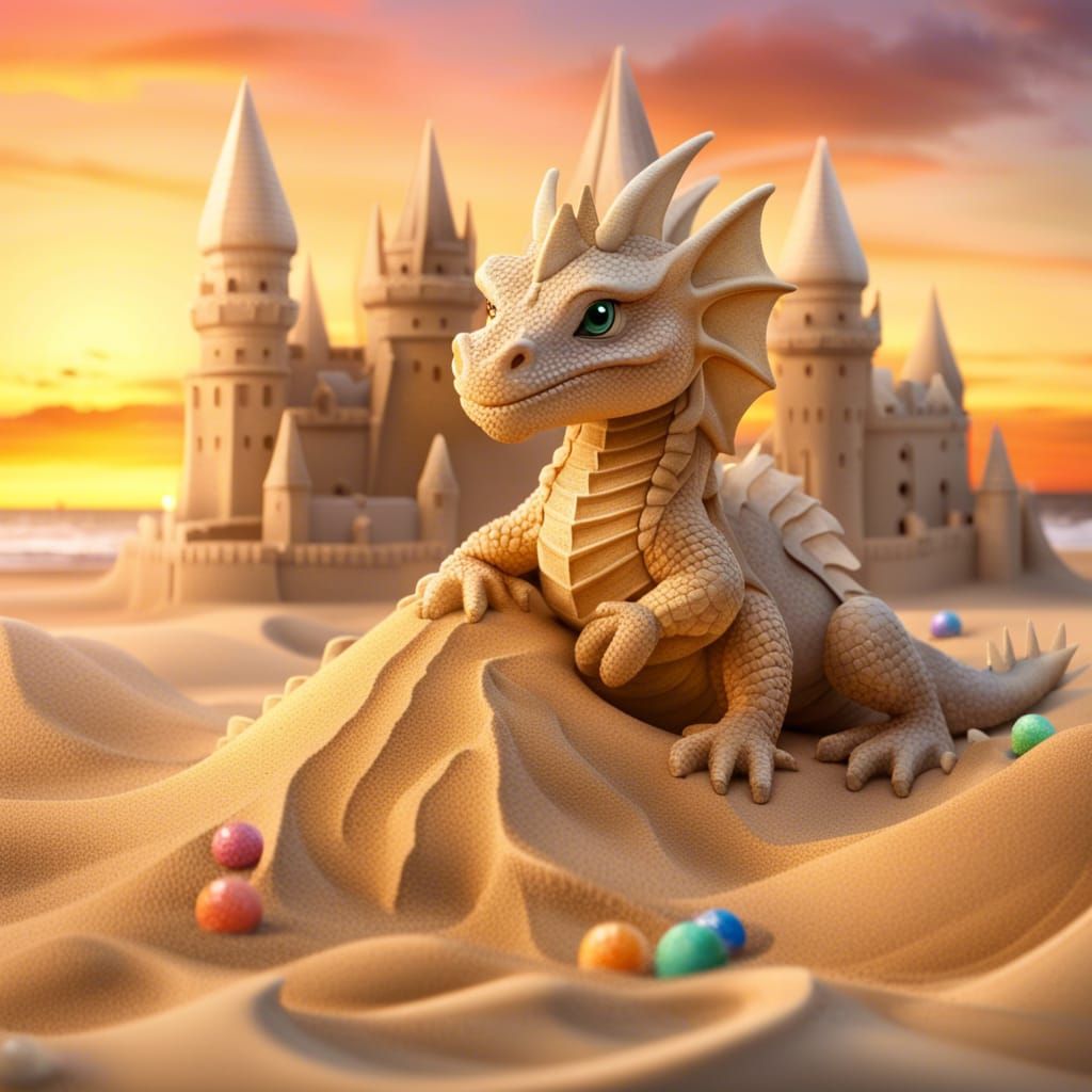 Baby Dragon Builds Sand Palace at Sunset