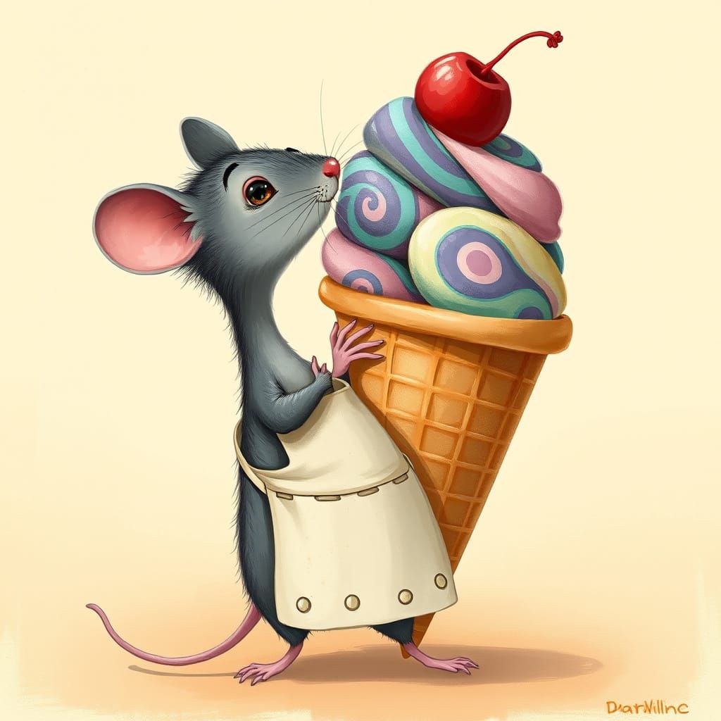 Mouse Reaching for Ice Cream in Whimsical Style