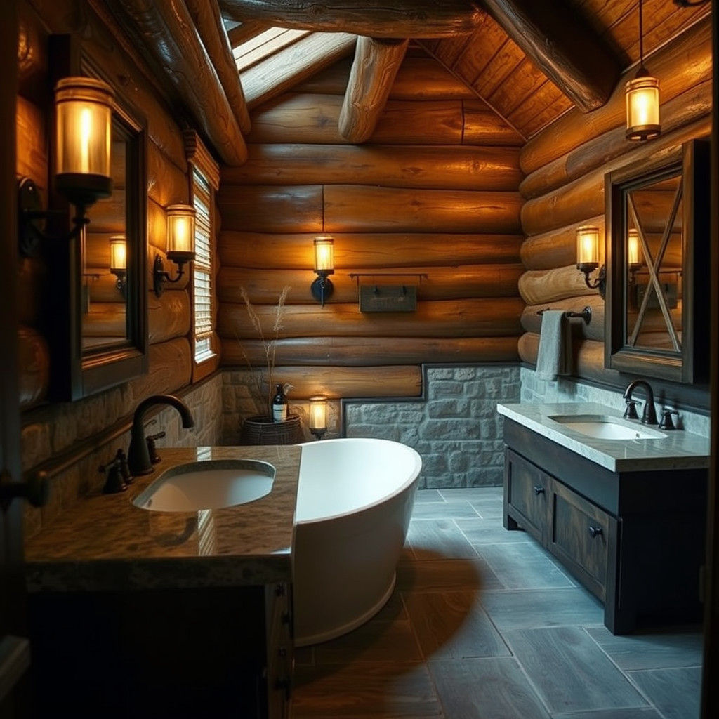 Luxurious Rustic Cabin Bathroom in Cinematic Lighting