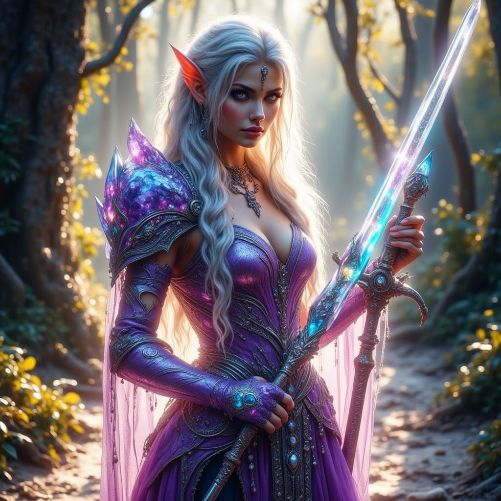 Elven Warrior in Sunlit Forest Glade with Crystal Armor