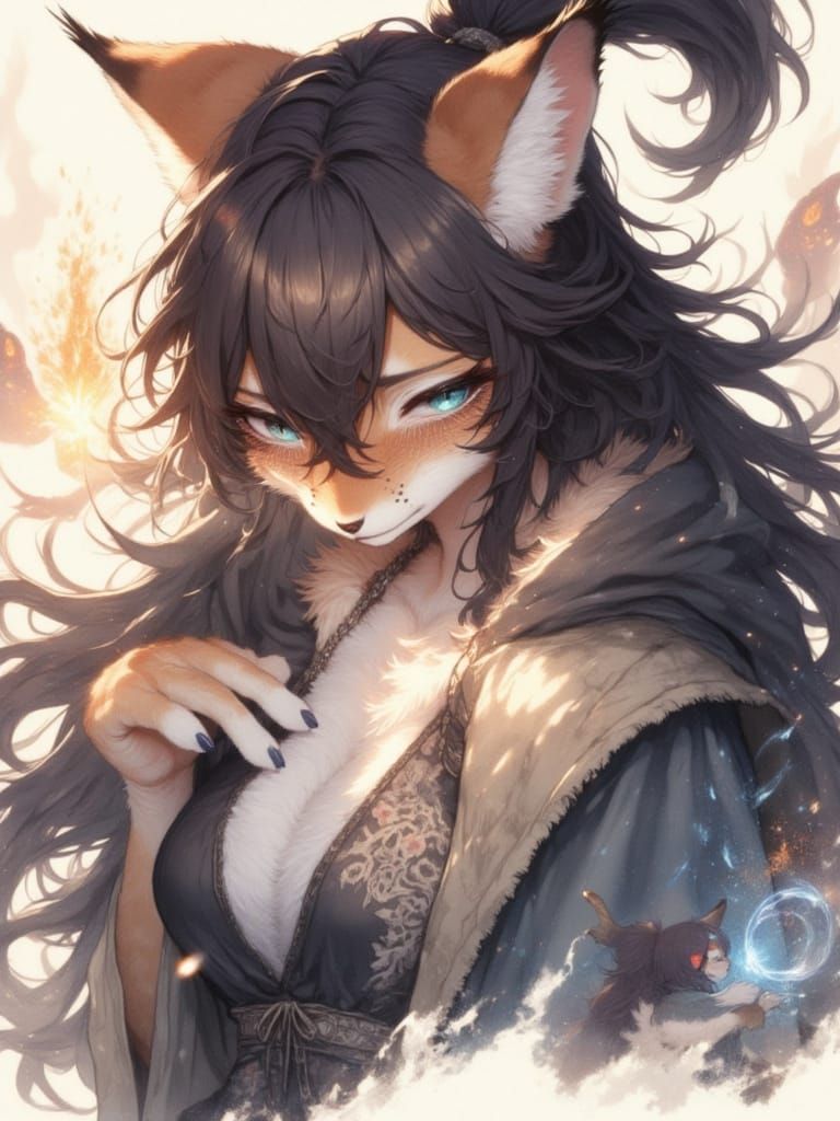 Anime Lynx Conjuring Flames: Abstract Expressionist Watercol...