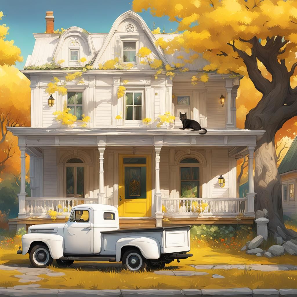 Old White House with Yellow Door: Artstation Style