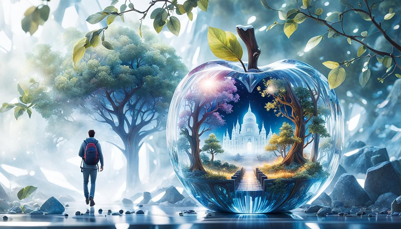 Glowing Crystal Apple Double Exposure: Journey Begins