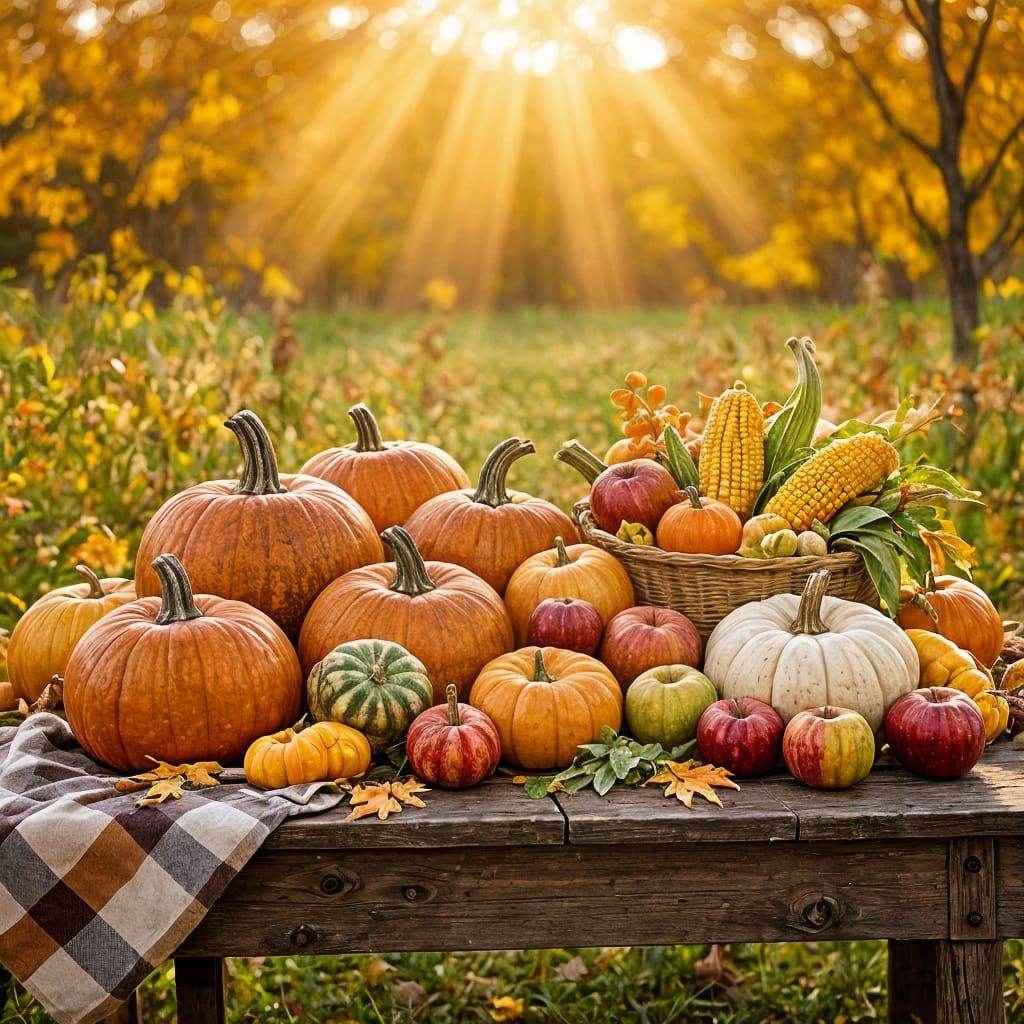 Bountiful Autumn Harvest Table With Golden Sunlight