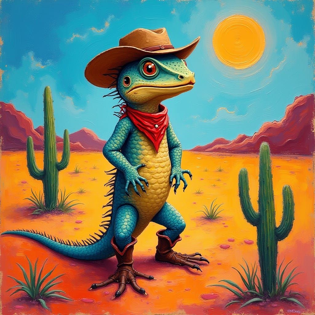 Vibrant Desert Lizard in Cowboy Attire