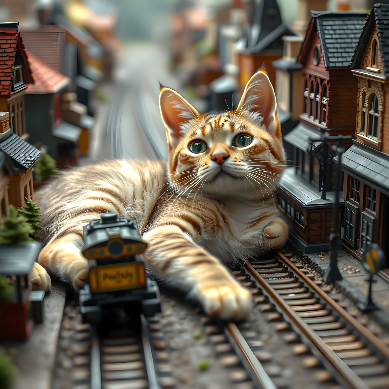 Cat Dominates Miniature Train Village
