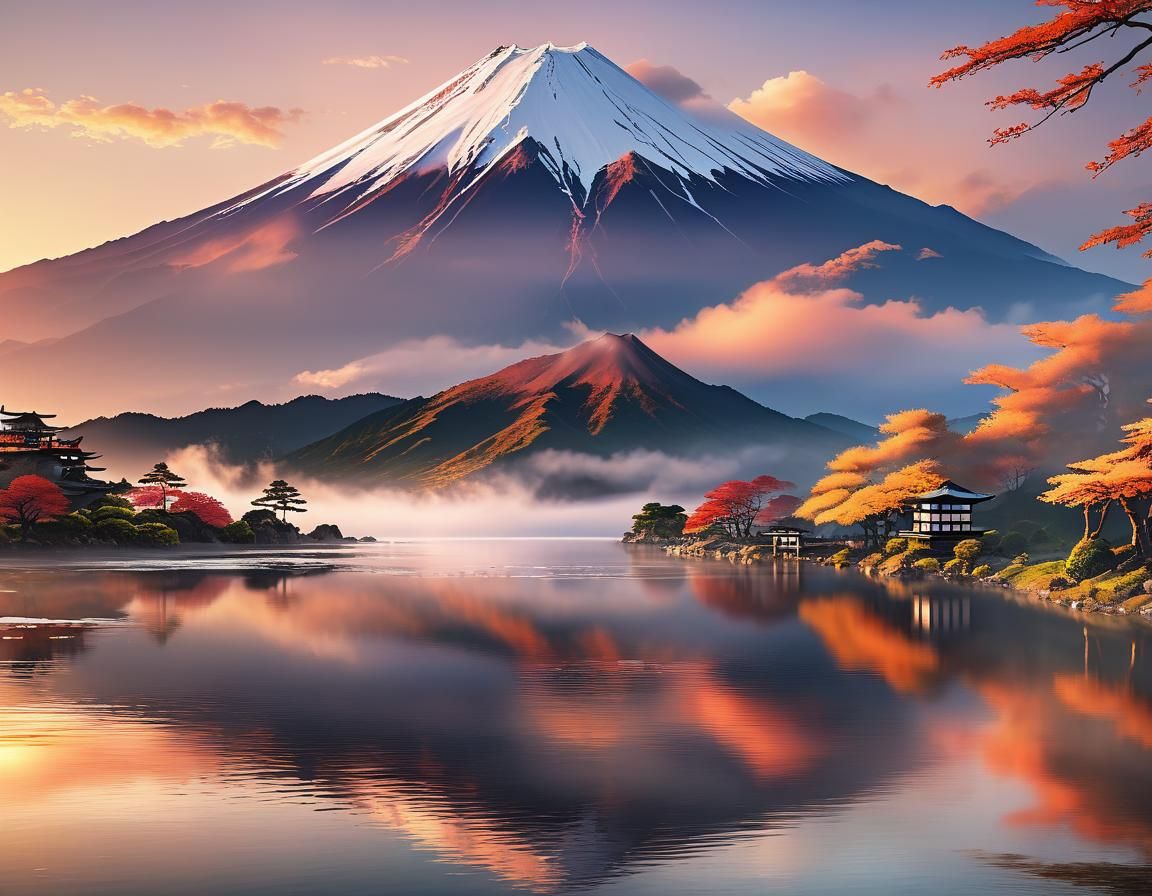 Majestic Mt. Fuji Sunset in Anime Style