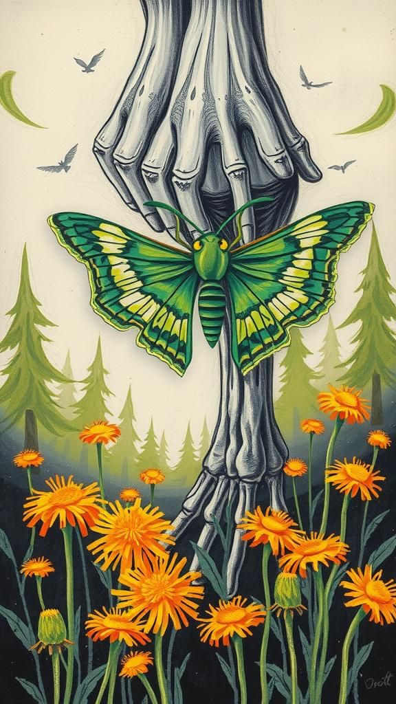 Sugar Skull Moth in Autumn Landscape, Rayograph Style