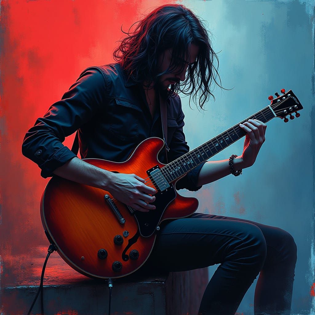 Melancholic Rock Guitarist in a Vibrant, Ink-Drawn Scene