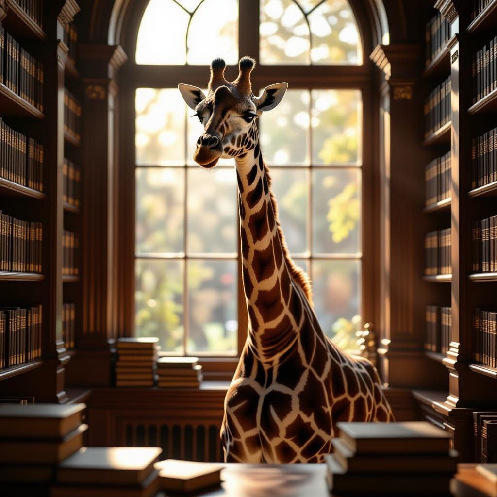 Giraffe in Library: A Hyperrealistic Wildlife Portrait