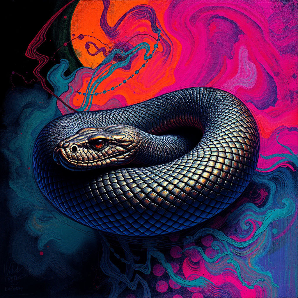 Surreal Rattlesnake Coiling in Impasto Metal Nightmare