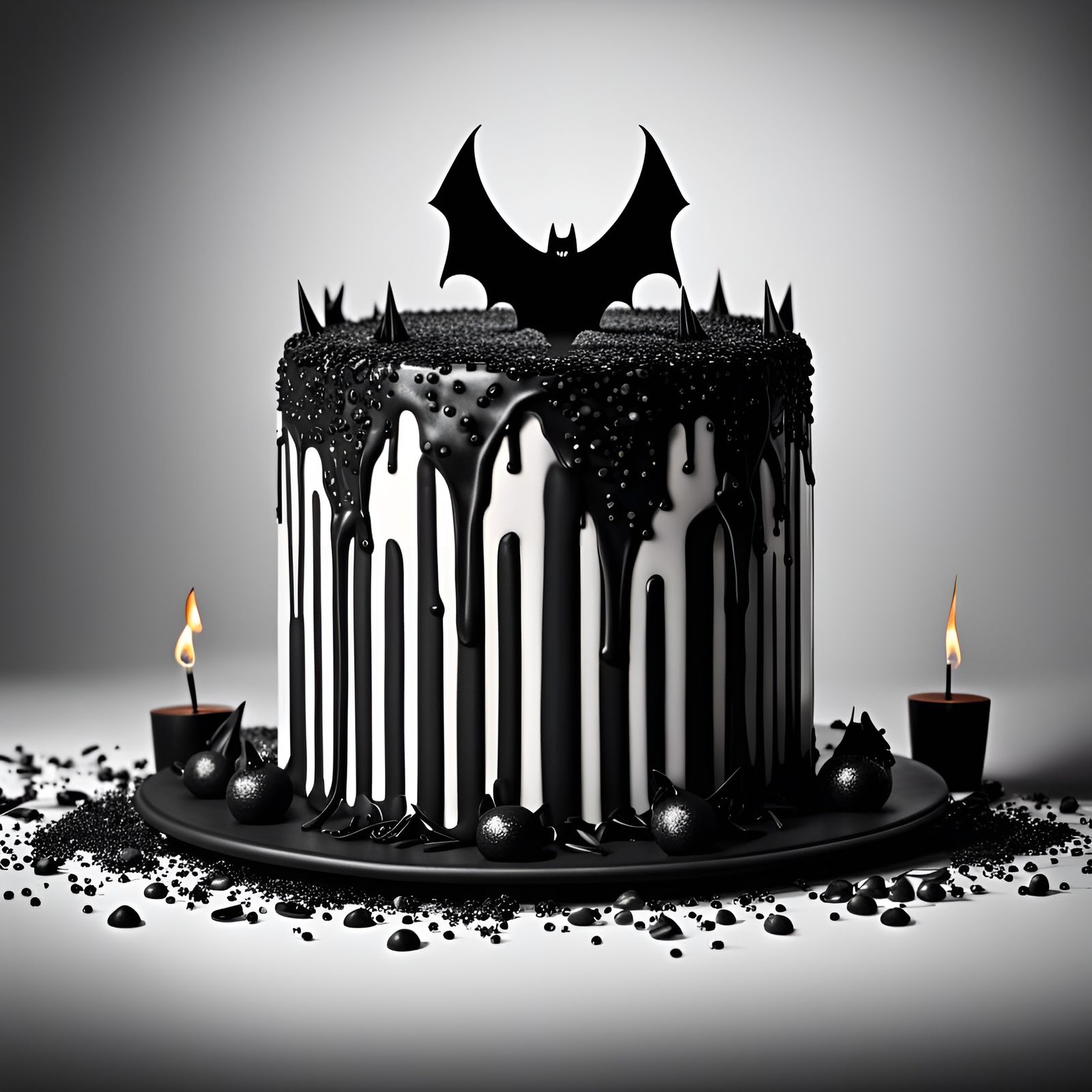 Gothic Cake with Black Candles in Hyperrealistic Style