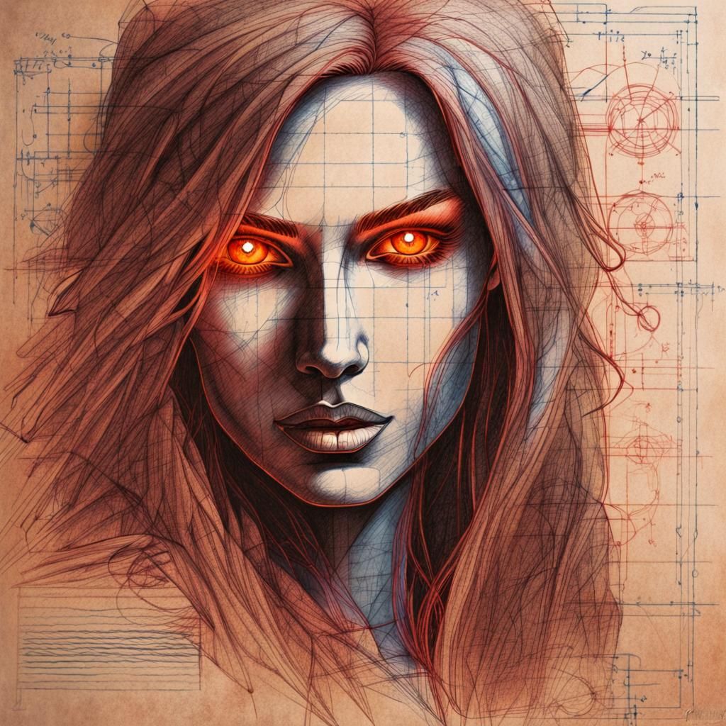 Blueprint Sketch: Humanoid Woman with Glowing Eyes