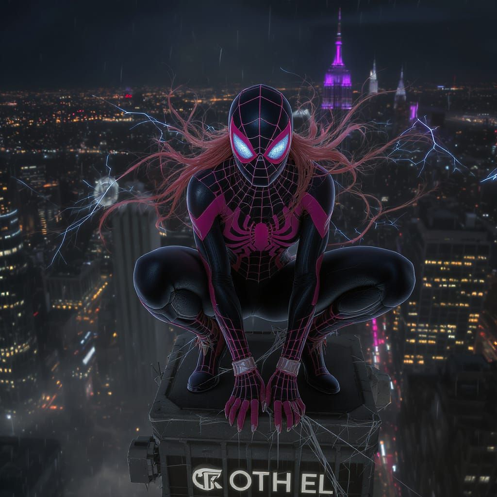 Cyberpunk Spidergirl on NYC Skyscraper at Night