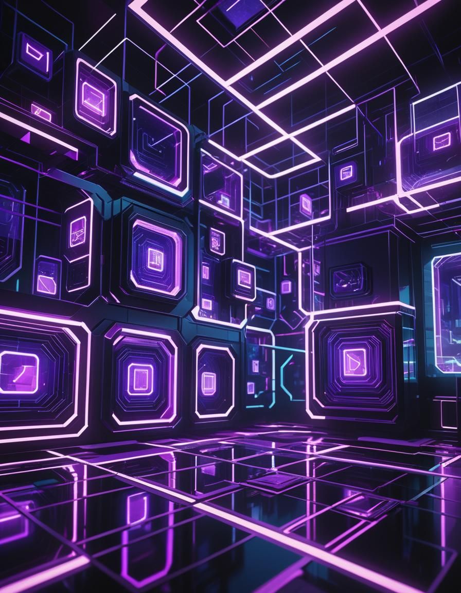 Purple Cubes in Neon Cyberpunk Circuitry Room