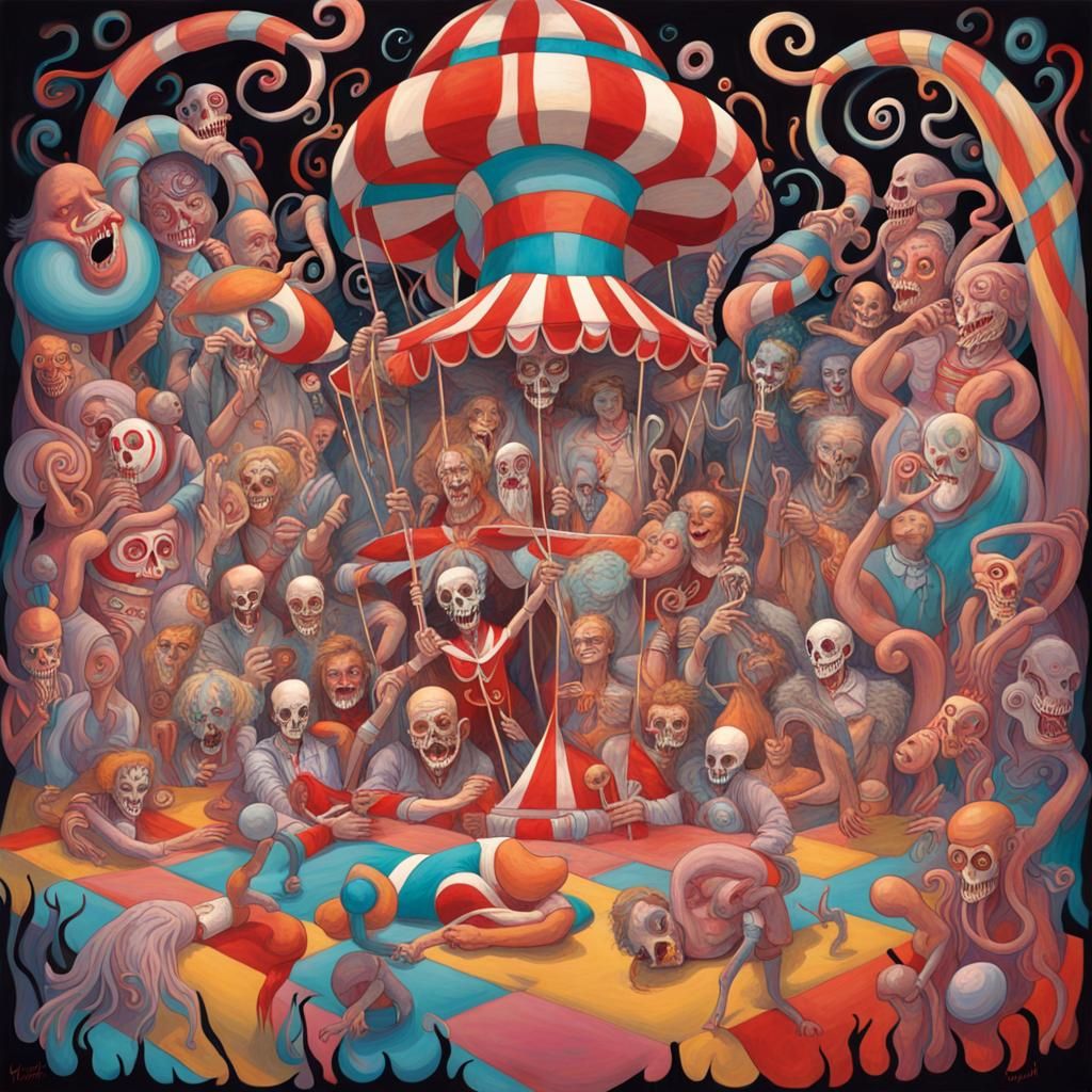 Cursed Carnival with Macabre Magicians in Gouache Style