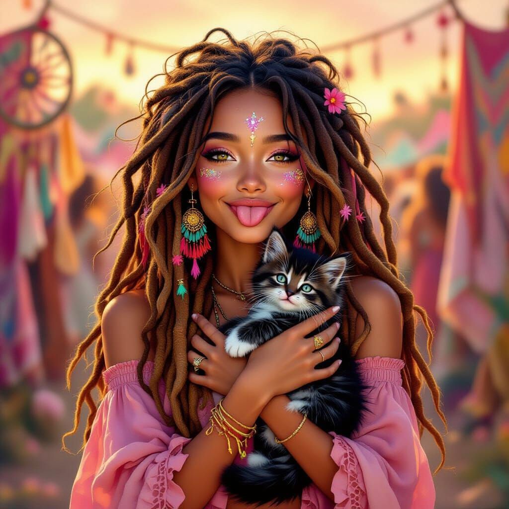 Hippie Girl Cuddles Kitten at Festival