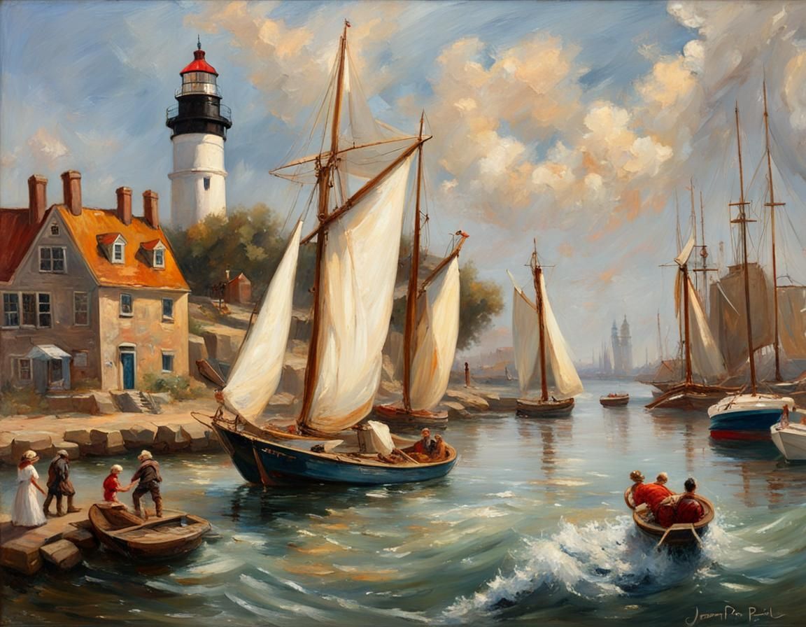A day in the harbor oil painting