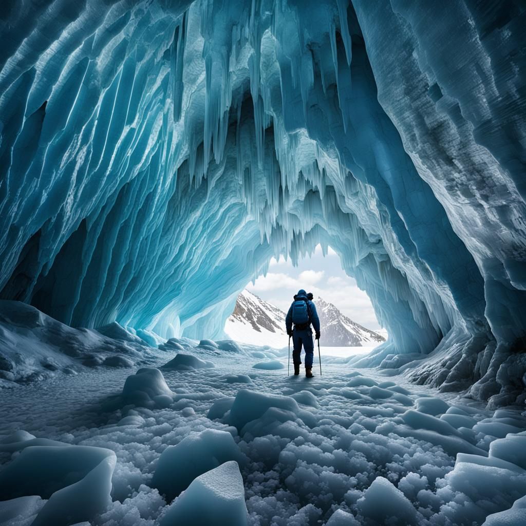 Explorer Emerges from a Reflective Ice Cave