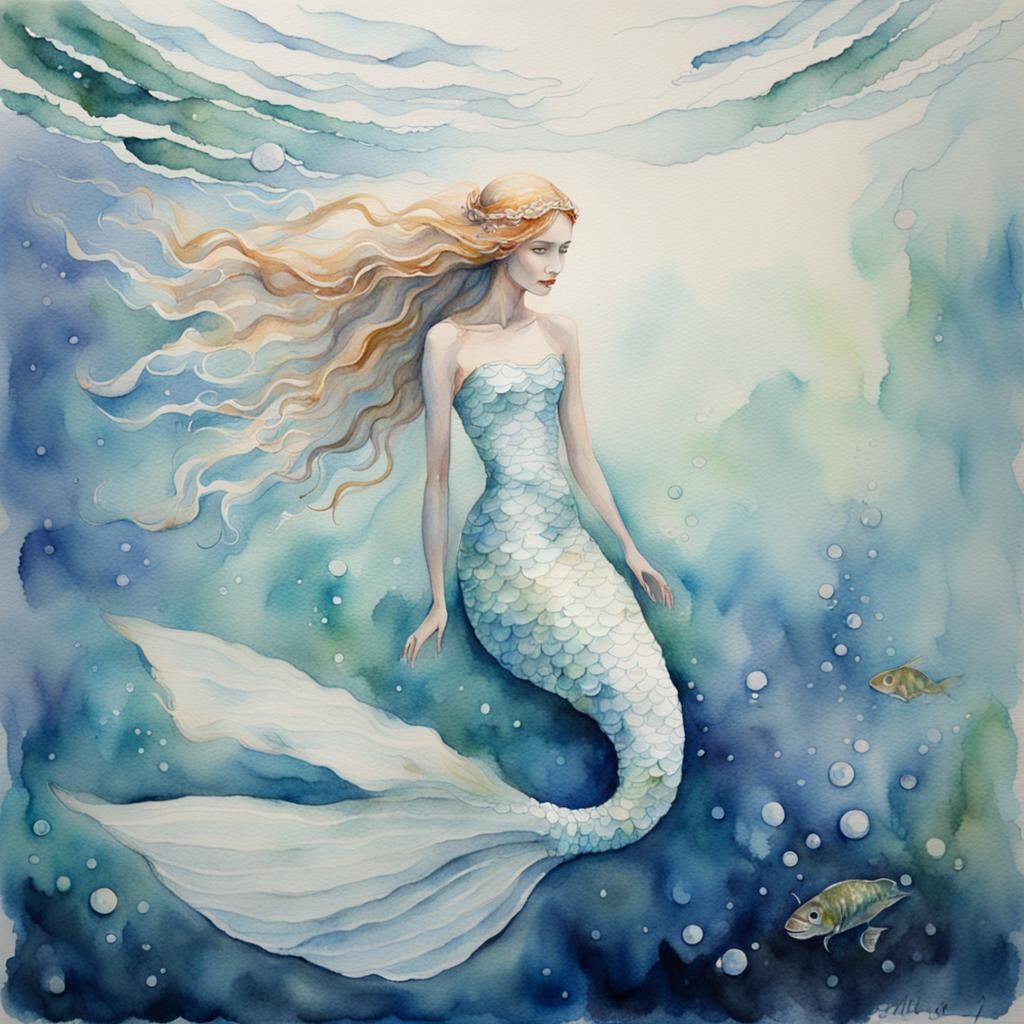 Ethereal White Mermaid in Surreal Watercolor Style