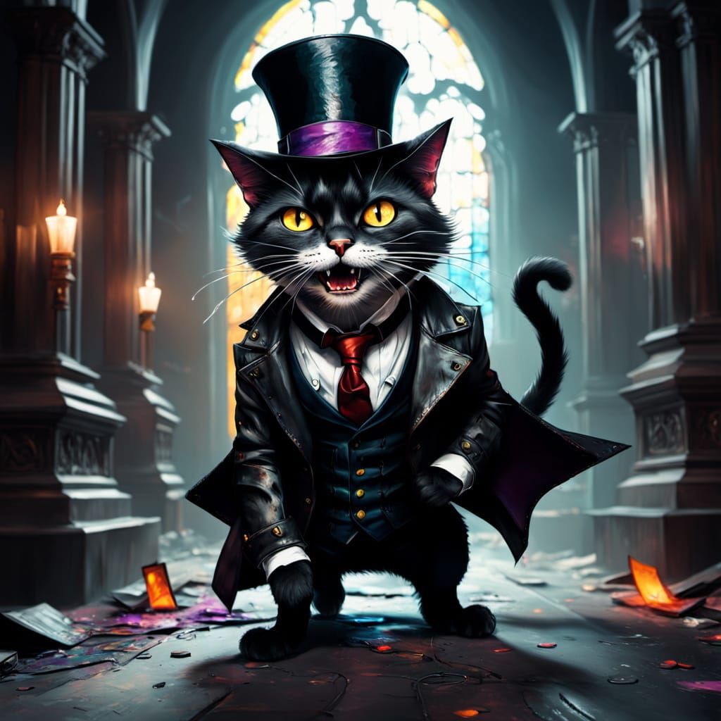 Vampire Cat in Neon-Lit Cathedral Shreds Guitar in a Psyched...