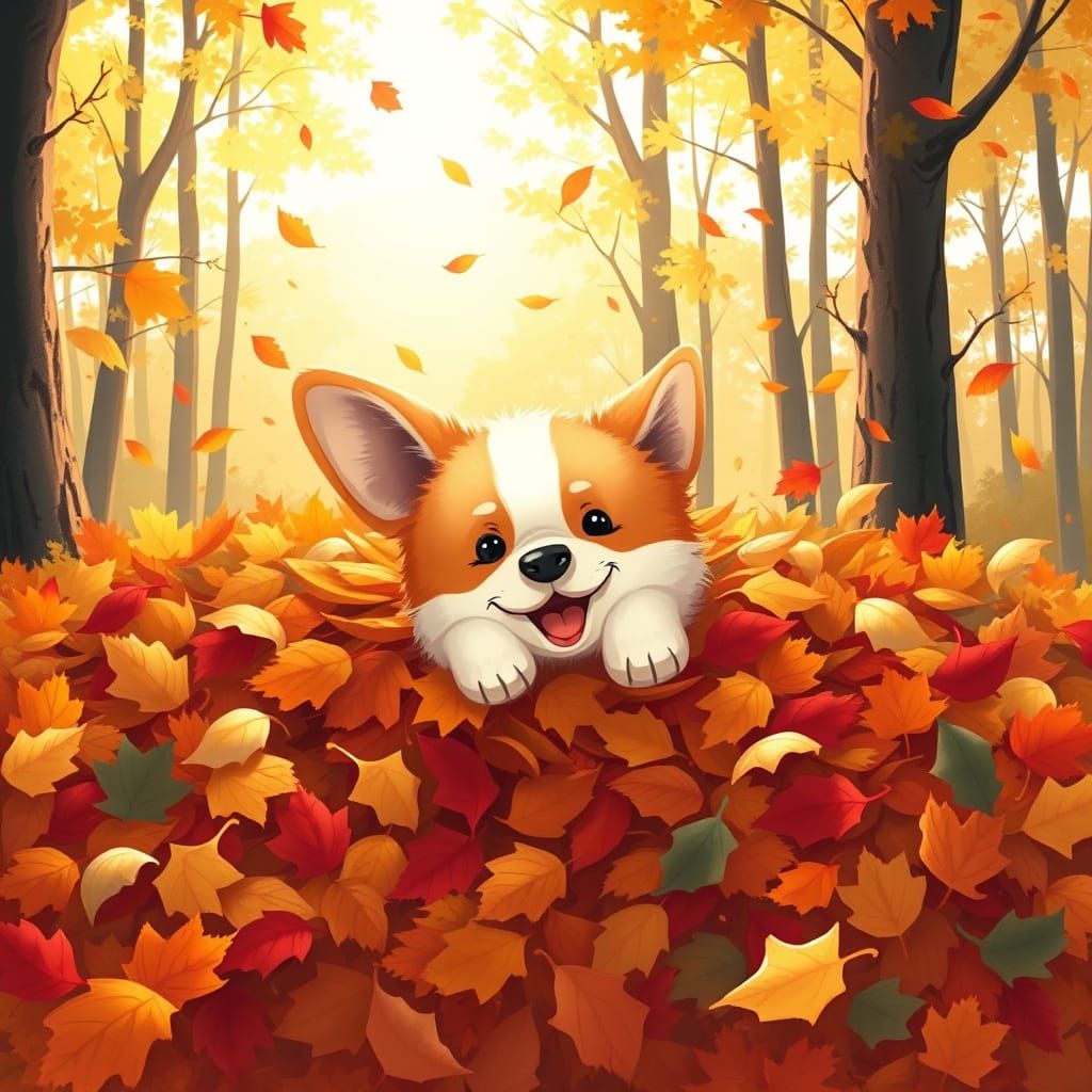 Fluffy Corgi Puppy Dives Into Autumn Leaves