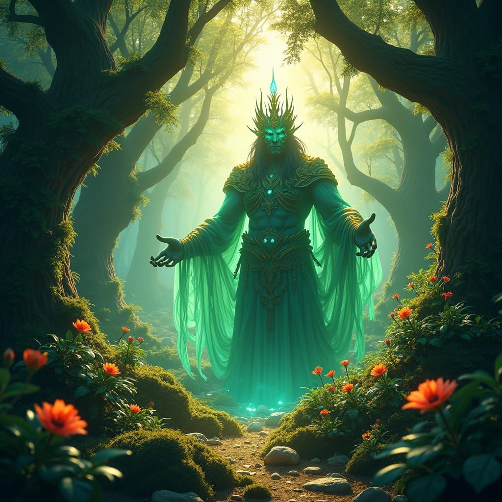Ethereal Forest God in a Lush Emerald Landscape