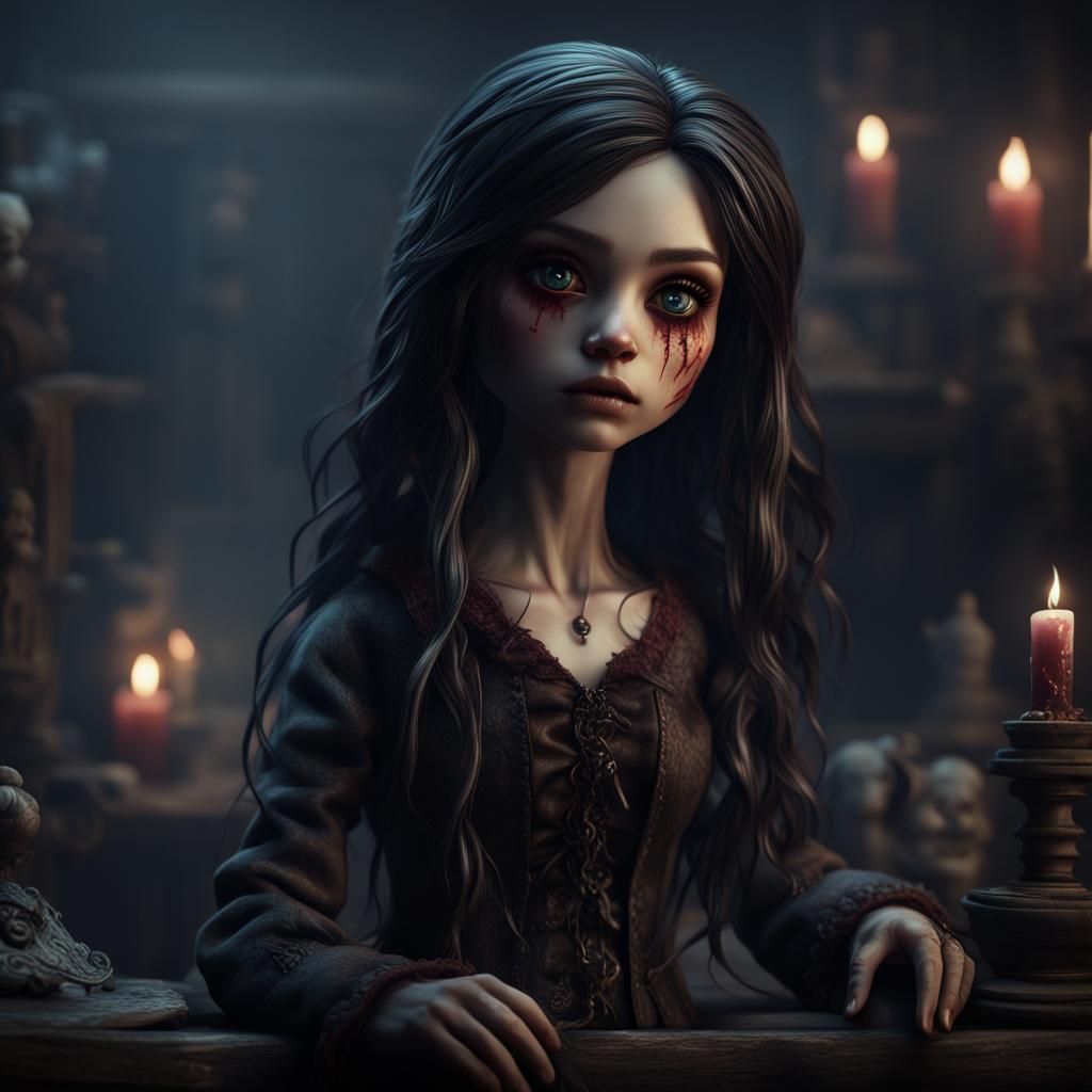 Haunted Doll with Tears in Dark Fantasy Art