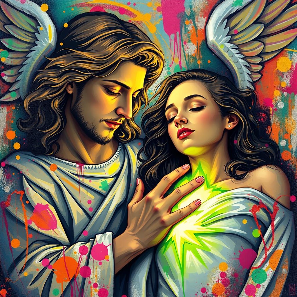 Archangel Raphael next to a woman, healing her physical and emotional pain while she sleeps peacefully. Glowing green li...