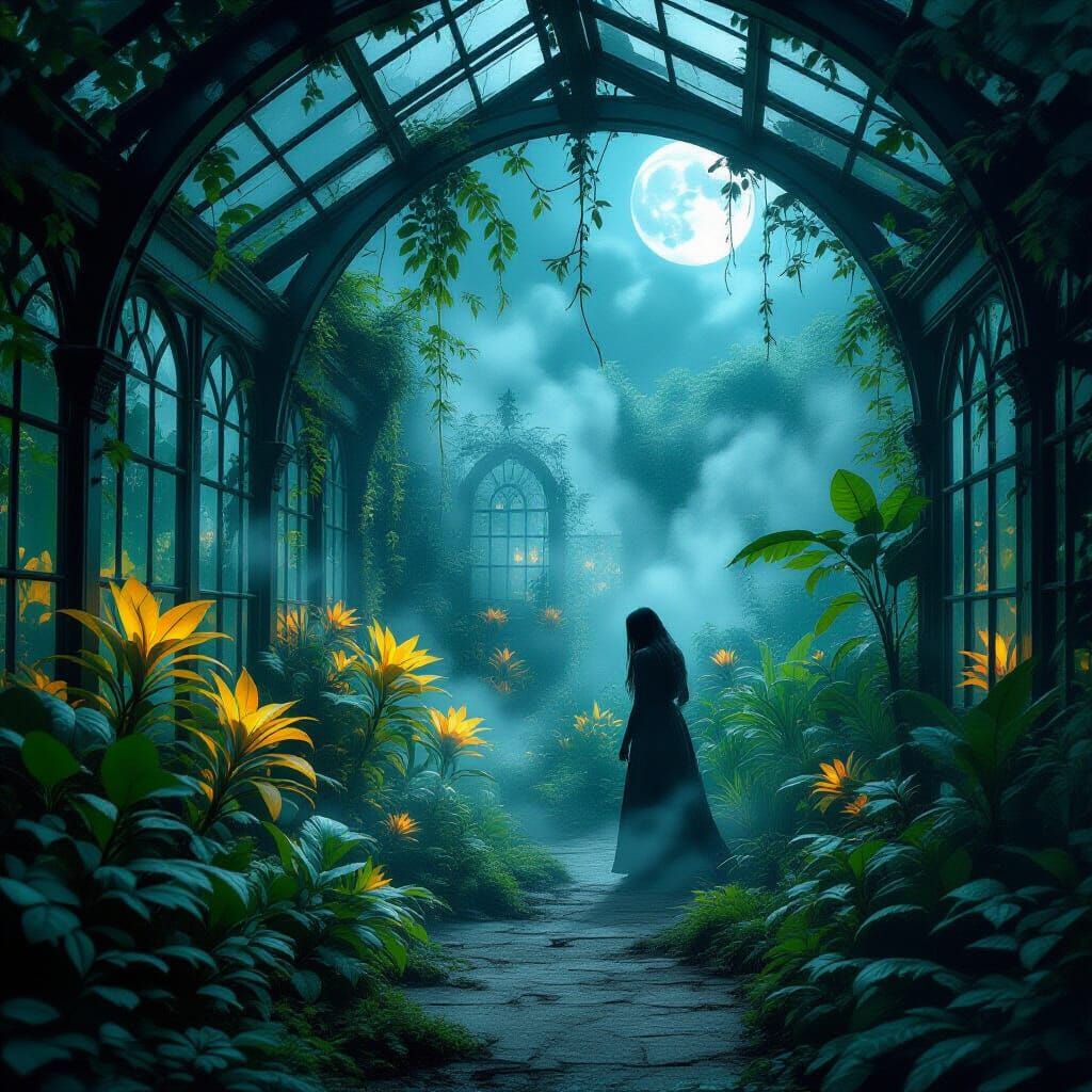 Spectral Gardener in Moonlight Victorian Greenhouse