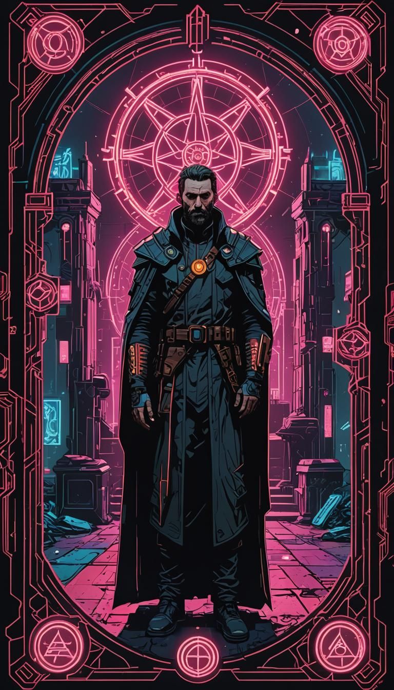 Three of Pentacles Tarot Card in Cyberpunk Style