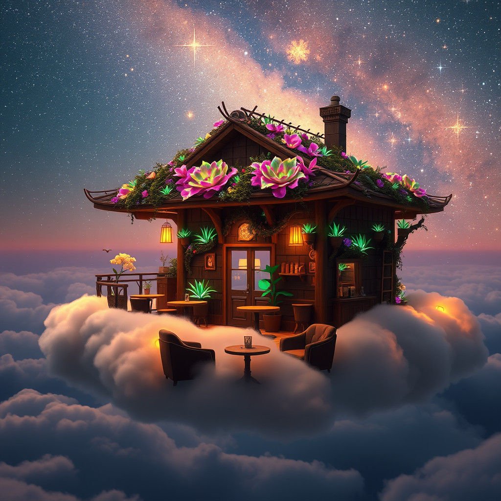 Dreamlike Cafe Floating on a Cloud in Bioluminescent Mist