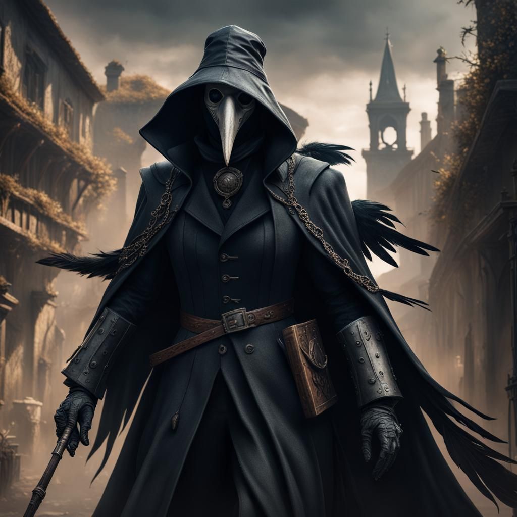 Plague Doctor in Black Hood: Detailed Matte Painting