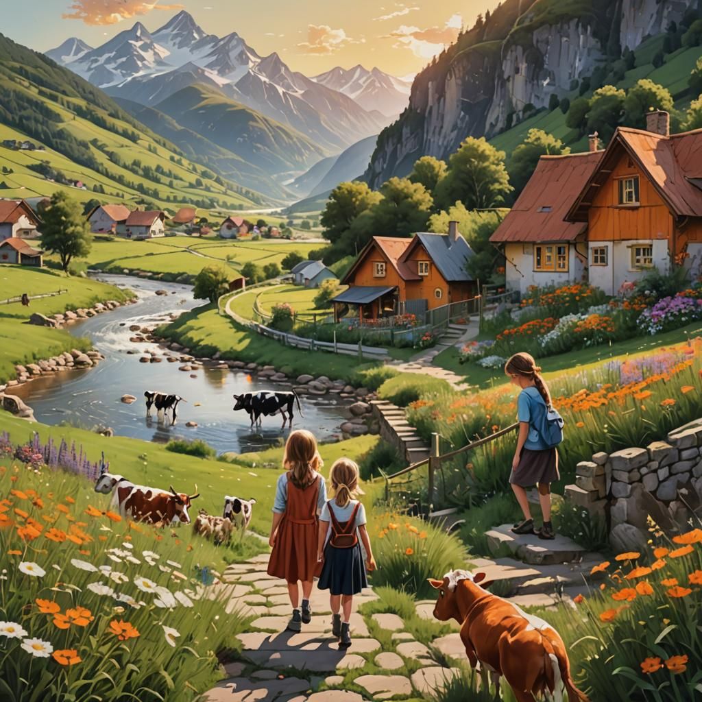 Riverside Flower Meadow Scene in Hyperrealistic Splash Art