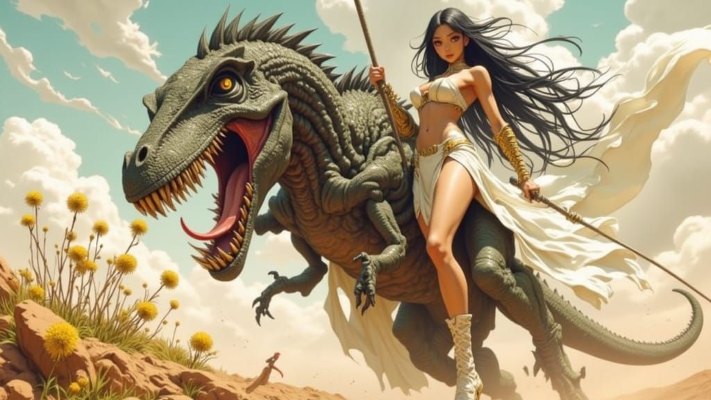 Cybernetic Barbarian Princess Rides a Raptor