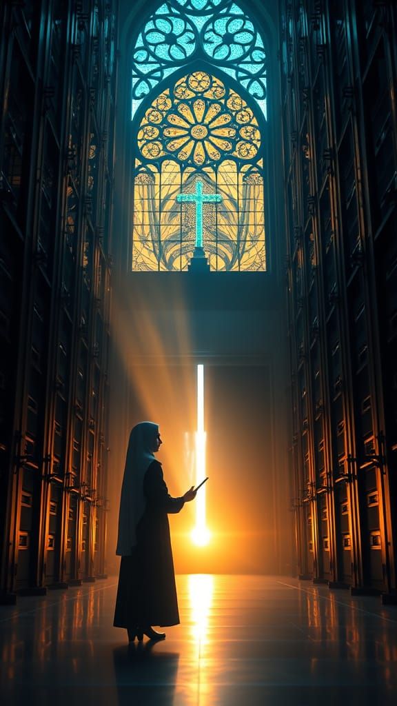 Neo-Gothic Cyberpunk Nun at Data Cathedral Threshold