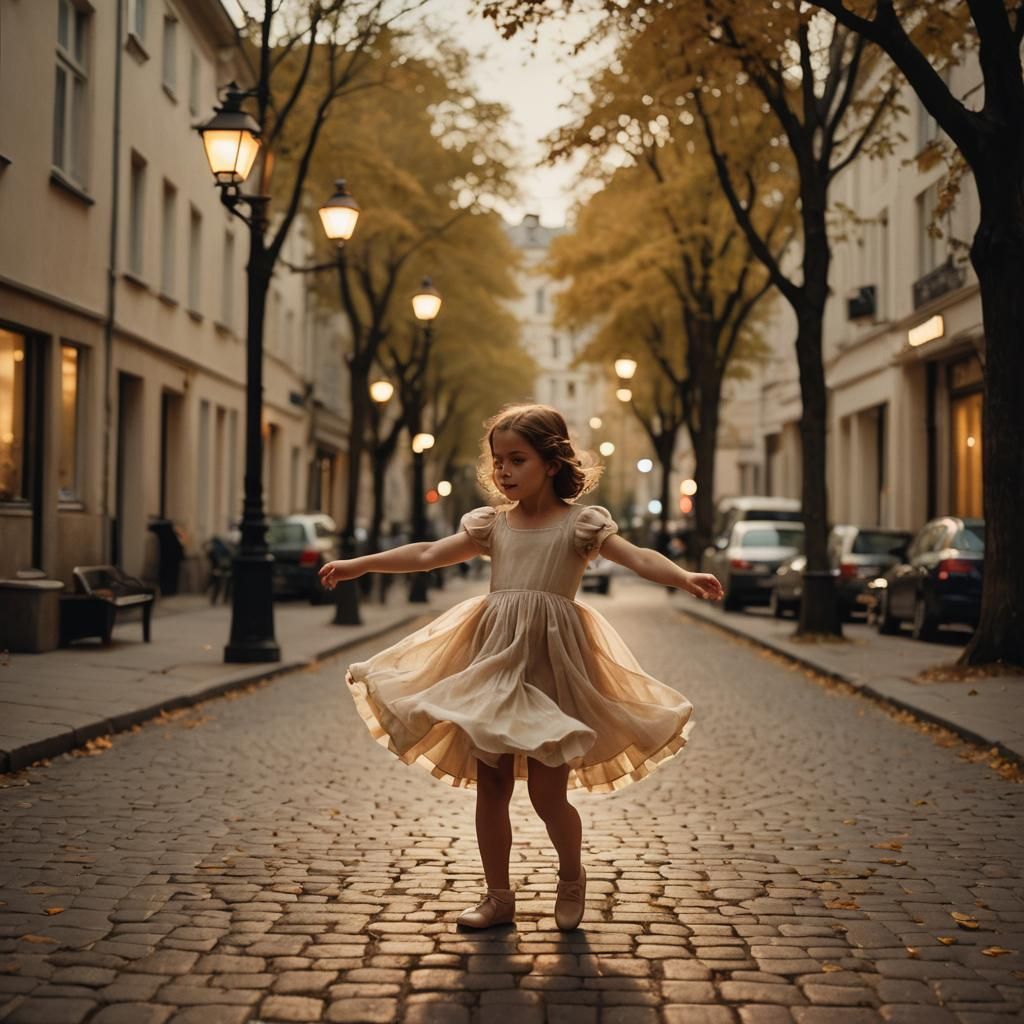 Ballet Girl Dancing Under Street Lamp in Cinematic Style