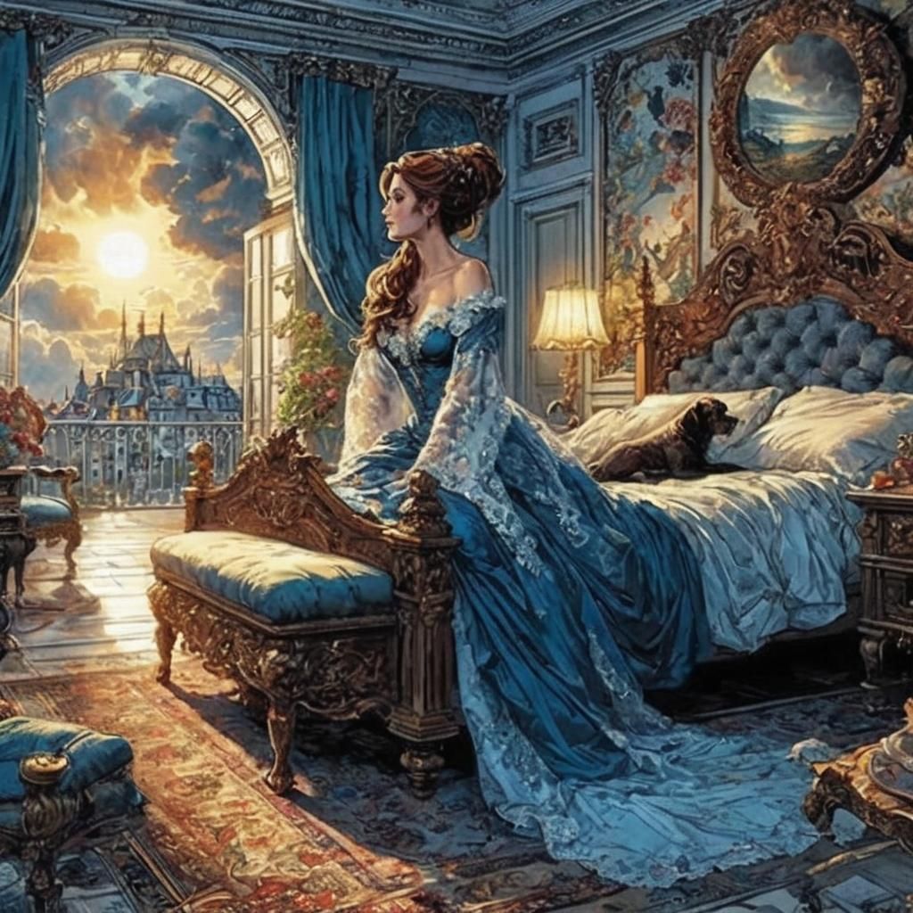 Woman in Exquisite Bedroom as Comic Book Art