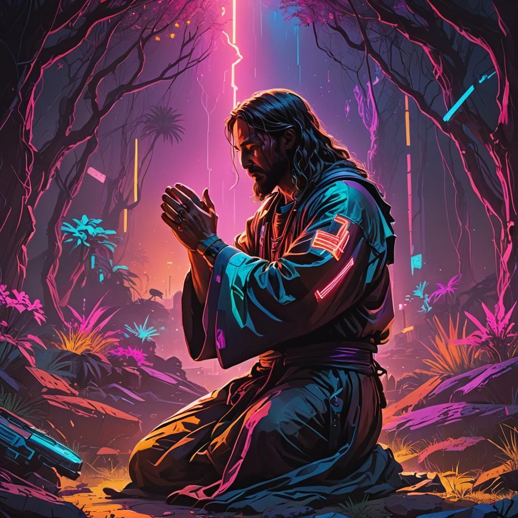 Neon Jesus Praying in Gethsemane: Cyberpunk Style