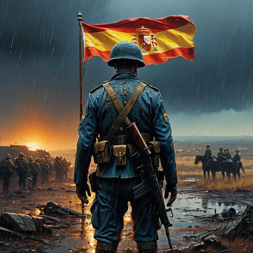 Spanish Soldier in Rainy Battlefield: Fantasy Matte Painting