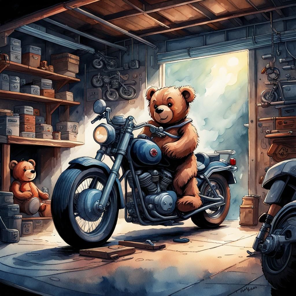Teddy Bear Mechanic: Watercolor Painting in Pixar Style