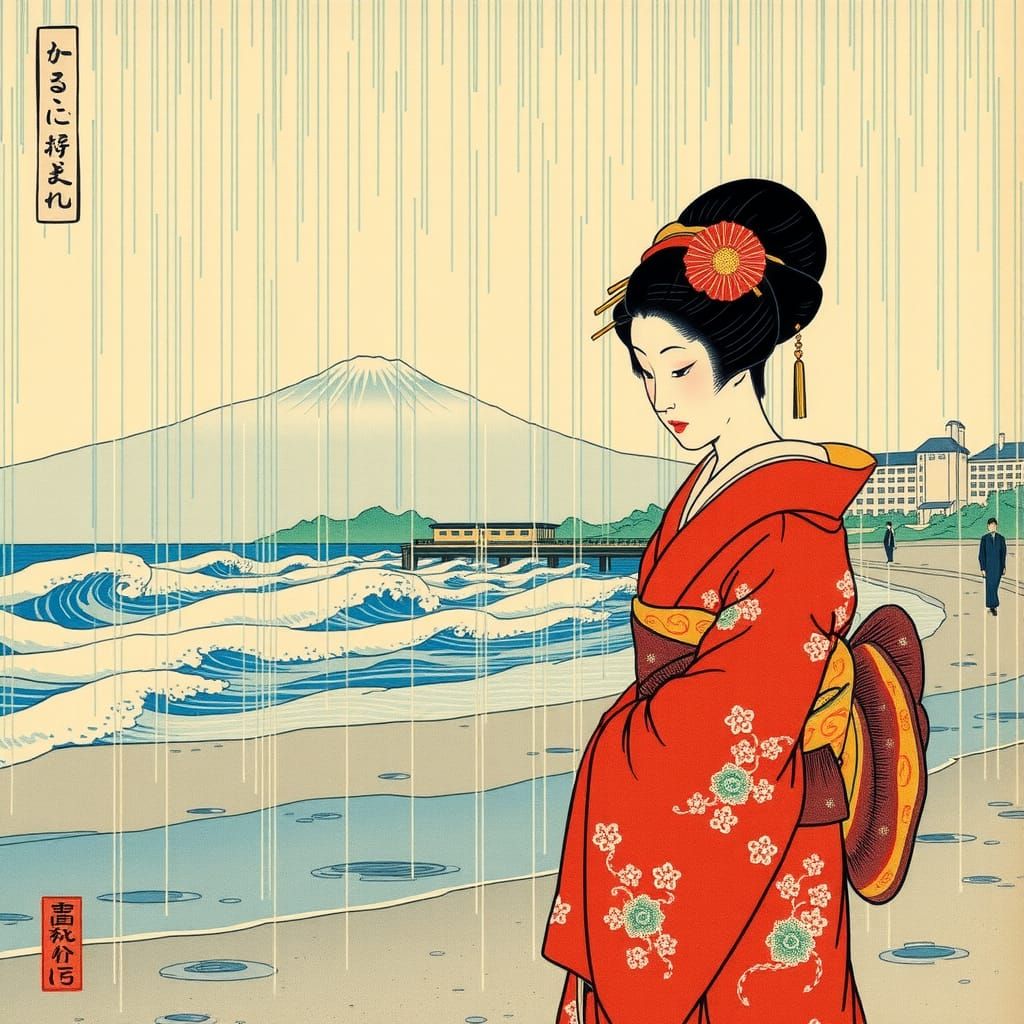 Geisha on Beach in Ukiyo-e Woodblock Print Style